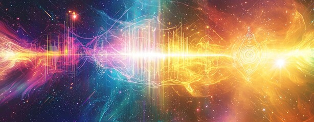 An abstract graphic of sound wave patterns and meditation symbols, set against a radiant cosmic backdrop with vibrant energy flows. High resolution 8K