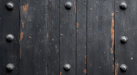 Fototapeta premium Weathered black wooden door with decorative metal studs in an aged texture