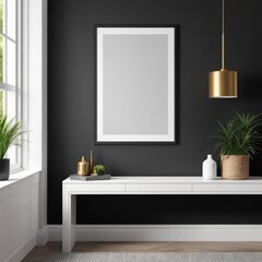 white color poster frame close up view in modern house interior with dark colored walls, wall mockup, 3d rendering