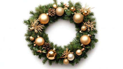 This Christmas wreath features elegant golden decorations, perfect for adding a festive touch to your holiday decor