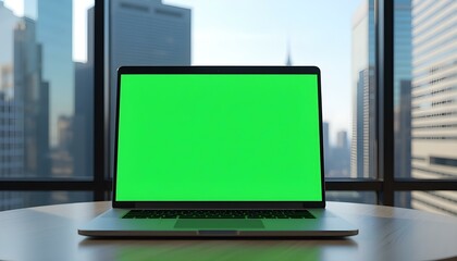 Fototapeta premium Laptop Green Screen Mockup, placed on a table. Skyscraper background, Laptop Mockup, Green Screen Laptop