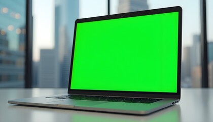 Laptop Green Screen Mockup, placed on a table. Skyscraper background, Laptop Mockup, Green Screen Laptop