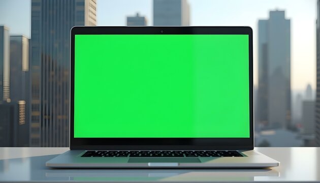 Laptop Green Screen Mockup, placed on a table. Skyscraper background, Laptop Mockup, Green Screen Laptop