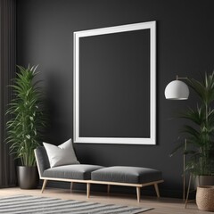 white color poster frame close up view in modern house interior with dark colored walls, wall mockup, 3d rendering