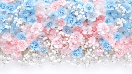 Fototapeta premium A beautiful display of dried pastel pink and blue flowers arranged neatly on light beige paper, creating a tranquil and enchanting visual texture