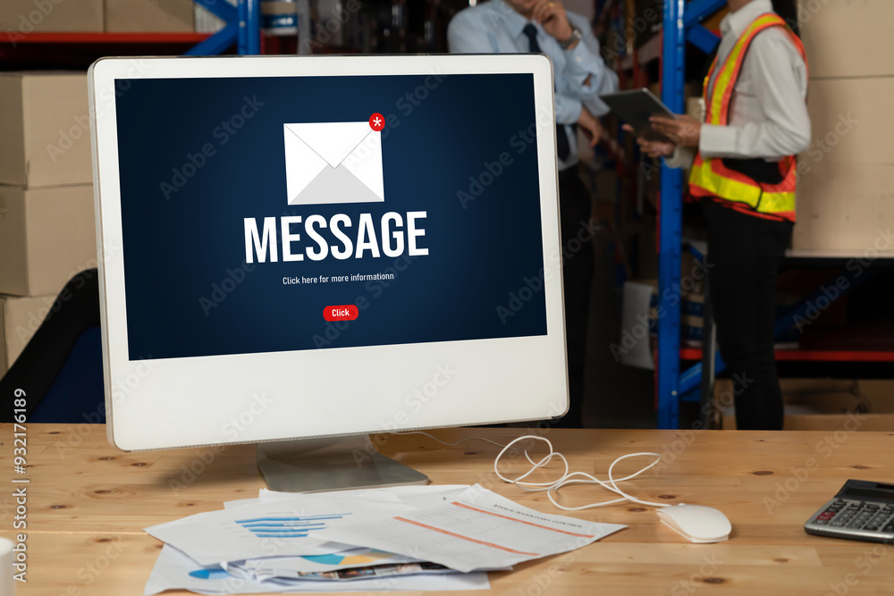 Poster email notification message showing on computer screen snugly. digital marketing message information 
