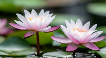 Pink and white water lilies blooming in a serene pond on a sunny day