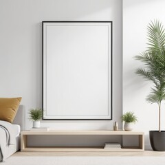 close up of mockup poster frame with modern minimalist interior background in bright white color, 3d rendering