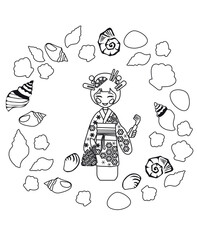 Vector illustration of kokeshi doll collecting shells after low tide or Shiohigari. Coloring page for kids.