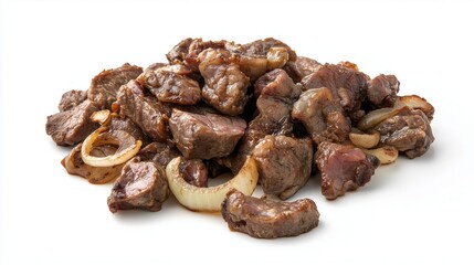 Obraz premium Appetizing pieces of fried meat with onions on a white background, isolated