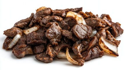 Obraz premium Appetizing pieces of fried meat with onions on a white background, isolated