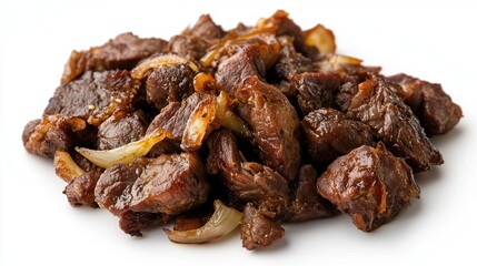 Appetizing pieces of fried meat with onions on a white background, isolated