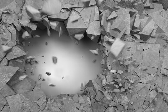 Round hole in concrete wall on left side of frame. Concrete background explosion. Lots of flying and falling concrete. Cracks on cement wall. Concrete background. 3d render.