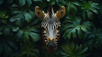 Zebra surrounded by lush green foliage, nature