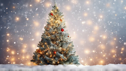Obraz premium Christmas tree with Christmas decoration on background with golden glittering ornaments, Generative AI 