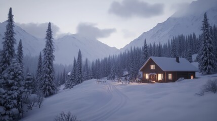 The cabin glows warmly in a snowy mountain setting, surrounded by tall trees, creating a tranquil winter atmosphere as evening falls