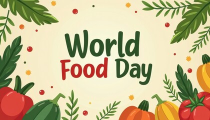 World Food Day illustration featuring colorful vegetables and leafy decorations