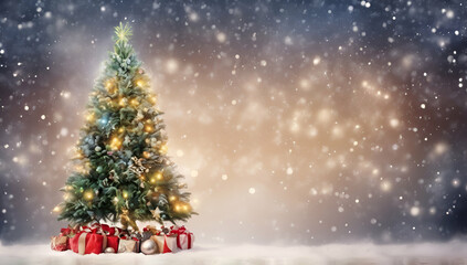 Obraz premium Christmas tree with Christmas decoration on background with golden glittering ornaments, Generative AI 