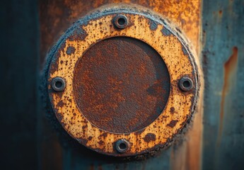 rusted metal surface with circles and small white spots on it. The background is brown