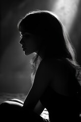 a solitary figure, lost in thought, dramatic lighting, long hair, film noir style, high quality