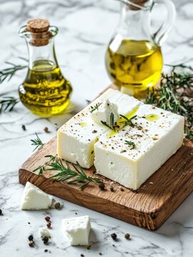 Fresh feta cheese with olive oil and herbs on a wooden board