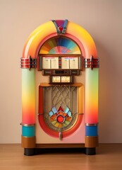 A colorful vintage jukebox with a retro design, featuring a curved top, rainbow-colored lights, and various buttons and knobs. The jukebox is set against a plain beige background, highlighting 