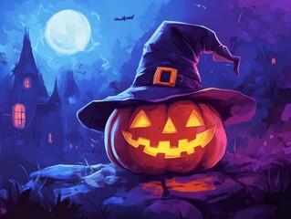 A whimsical cartoon Halloween-themed poster with an adorable pumpkin wearing a wizard's hat 