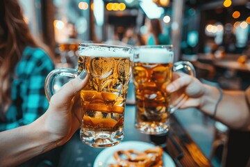 Enthusiastic participants raise their beer mugs in a lively toast, surrounded by delicious pretzels and festive lights.