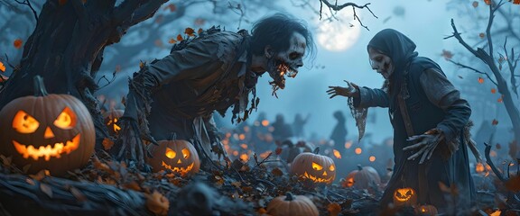 Dreadful zombies interacting in eerie pumpkin-lit forest, perfect for Halloween promotions. Generative AI