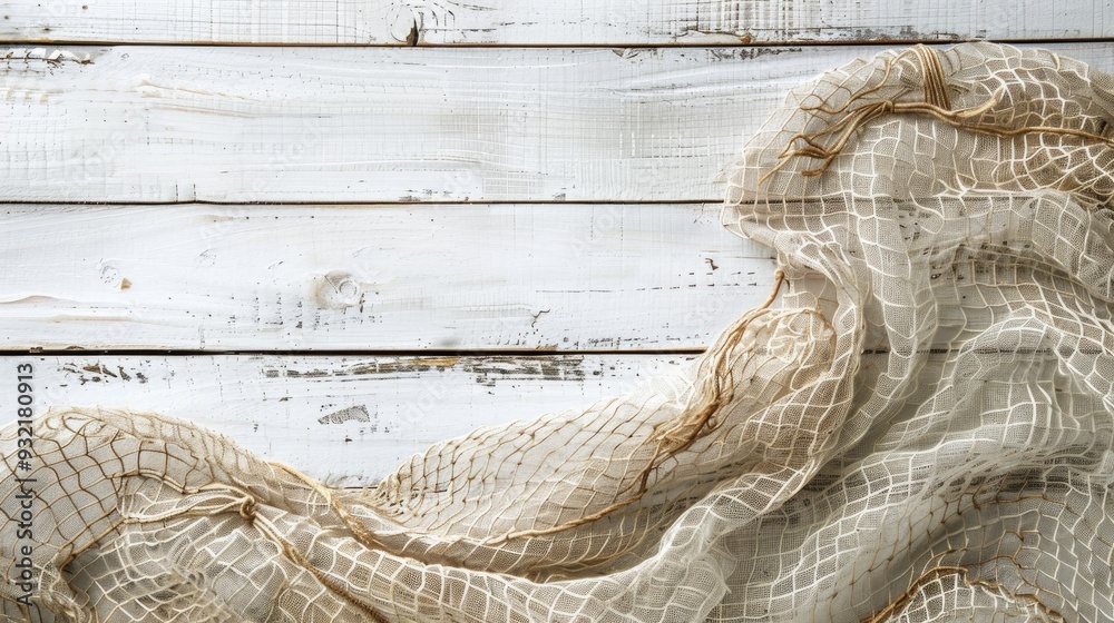 Wall mural Artistic photograph of vintage fishing net on white wooden backdrop with empty space