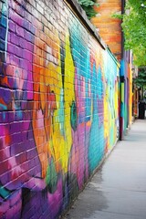 Fototapeta premium Colorful street mural along a brick wall in an urban neighborhood