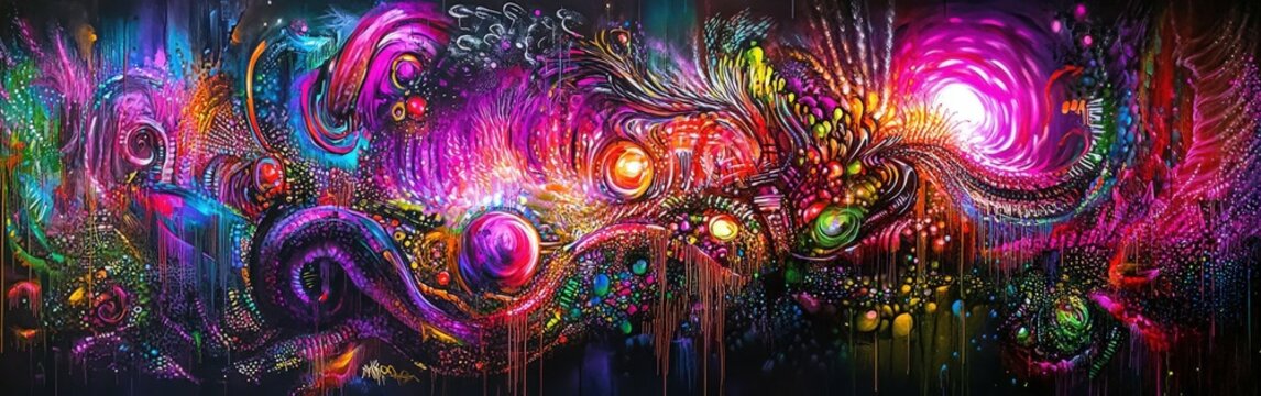 Colorful abstract mural depicting cosmic patterns and organic shapes
