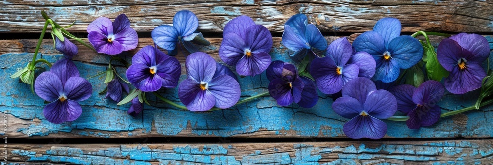 Poster vivid violets arranged on a weathered wooden backdrop