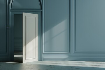 Fototapeta premium A door stands ajar, inviting guests into a beautifully designed open house, bathed in soft, natural light and showcasing intricate wall details.