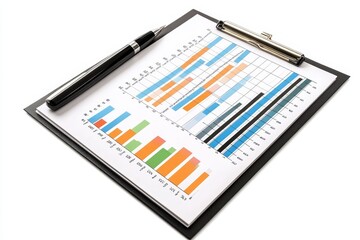 Business Data Analysis on Clipboard with Pen - A clipboard with a bar graph, representing business data analysis. The graph shows different trends and data points. There is a pen resting on the clipbo