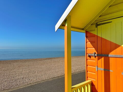 Close-up detail of a wooden beach hut on promenade, Folkestone, Kent, England, UK