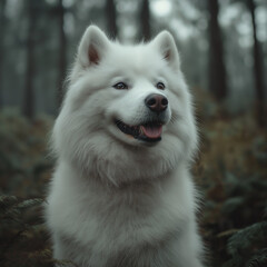 A white dog with a black nose and a black tongue is standing in a forest