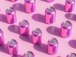 3D Rendering of Pink Soda Cans in a Patterned Layout