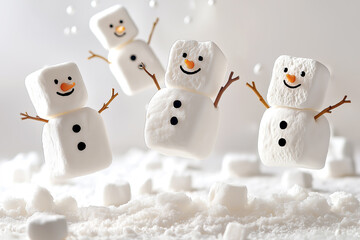 Cute marshmallow snowmen jumping in mid air while smiling with their hands up and having fun on a white background.