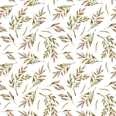 Spring or summer green leaves and branches seamless pattern, watercolor floral endless print template isolated on white background for wrapping, scrapbook, packaging paper. Floral illustration