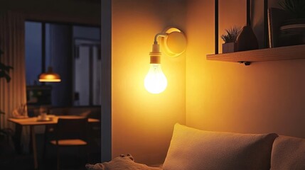 Cozy Bedroom with Warm Light and Minimalist Wall Sconce - A cozy bedroom setting featuring a minimalist wall sconce emitting warm, inviting light, creating a relaxing atmosphere for reading or unwindi