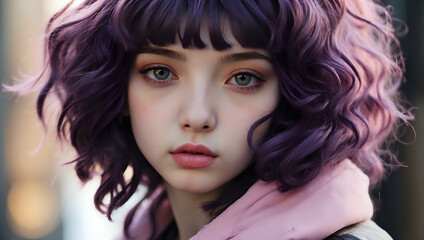 Fototapeta premium A girl with pale skin and dark purple hair.