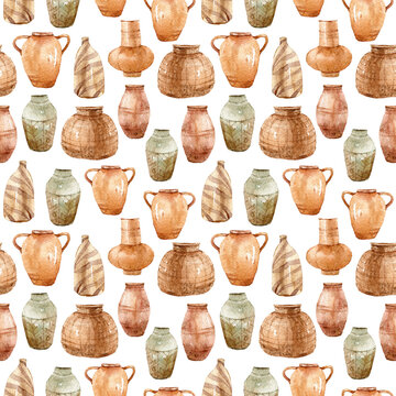 Autumn or summer boho pots and vases seamless pattern, watercolor floral endless print template isolated on white background for wrapping, scrapbook, packaging paper. Hand painted illustration