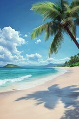 beautiful beach with a palm tree under beautiful blue sky in the luxury resort. There is a beautiful island by the horizon