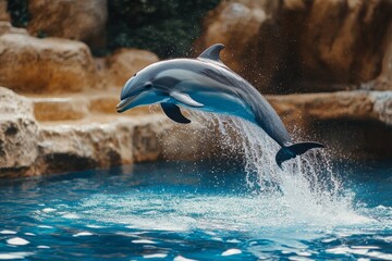 Obraz premium Dolphin Leaping Out of the Water - A dolphin leaps out of the water, showcasing its agility and grace. The dolphin's sleek body cuts through the air, leaving a trail of sparkling water behind.
