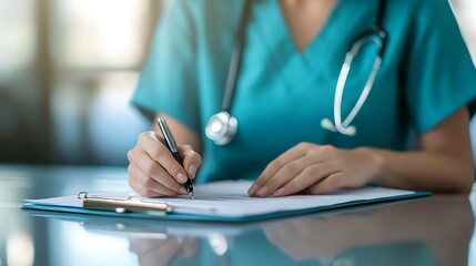 Obraz premium A female doctor in a blue scrubs writes on a clipboard with a pen.