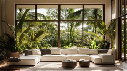 Modern room with white sofa and large window, many plants
