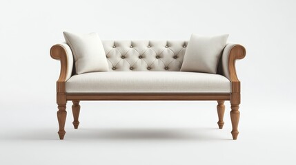Fototapeta premium Elegant White Upholstered Sofa with Wooden Frame - This image features a classic white tufted sofa with a wooden frame and legs. The sofa is elegant and stylish with a timeless design.