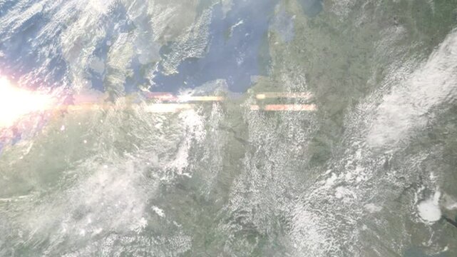 Zooming in on Torun, Poland frome space - Perfect for Travel Intros and Backgrounds. Realistic 3D Animation.