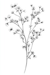 black and white transparent line drawing of a Babys Breath, white background, 